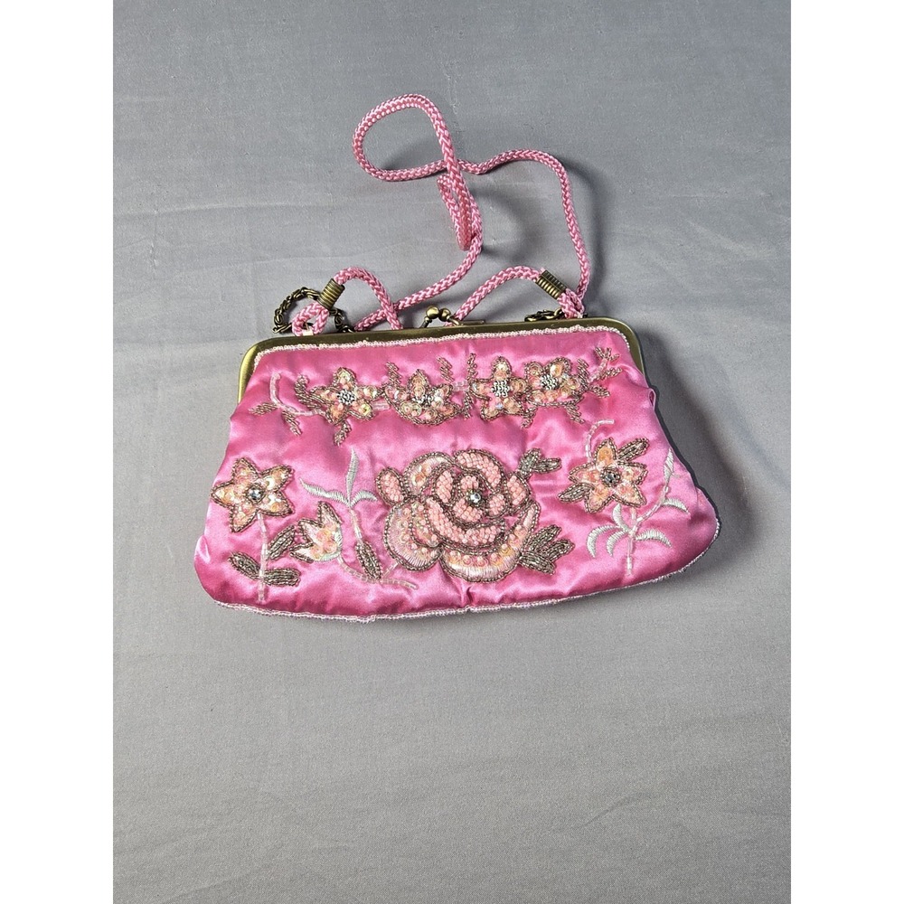 VINTAGE Pink Satin Beaded Evening Bag With Gold Metal Trim & KISS Lock Closure
